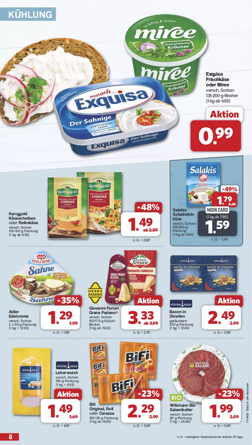 Aktueller Prospekt Famila - Prospekte - von 02.09 bis 07.09.2024 - strona 8 - produkty: bacon, Becher, beutel, bifi, bio, creme, edelcreme, eis, elle, exquisa, exquisa frischkäse, frischkäse, gin, grana, grana padano, Käse, käsescheiben, kerrygold, leberwurst, milch, miree, padano, Rana, Reibekäse, reifen, reis, salakis, salami, teller, Ti, wiltmann, wurst, ZTE