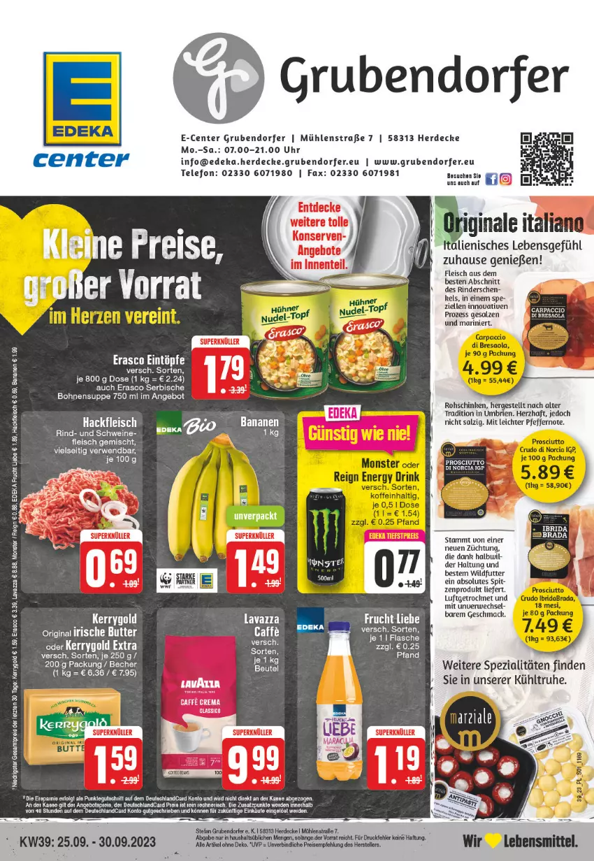 Aktueller Prospekt E Center - Angebote der Woche - von 25.09 bis 30.09.2023 - strona 1 - produkty: ACC, angebot, banane, bananen, bett, bohne, bohnen, Bresaola, brie, caffe, Carpaccio, decke, deka, drink, eintöpfe, eis, elle, energy drink, ente, erasco, erde, fleisch, frucht, gin, hackfleisch, kerrygold, lavazza, lebensmittel, mac, monster, pfeffer, prosciutto, prosciutto crudo, reis, resa, rind, rinder, rohschinken, rwe, salz, schinken, schwein, schweine, Spezi, suppe, tee, telefon, Ti, topf, uhr, wein, weine, Wild, ZTE