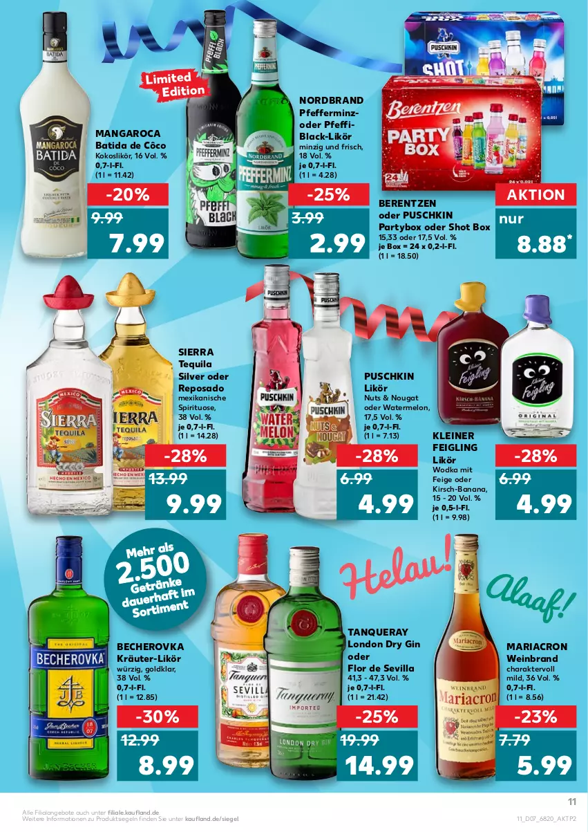 Aktueller Prospekt Kaufland - von 17.02 bis 23.02.2022 - strona 11 - produkty: angebot, angebote, auer, batida, batida de côco, Becher, Becherovka, berentzen, dry gin, gin, hero, kirsch, kleiner feigling, kokos, kräuter, lack, leine, likör, london dry, london dry gin, mangaroca, mariacron, nordbrand, pfeffer, Ria, Sierra, sierra tequila, Tanqueray, tequila, Ti, wein, weinbrand, wodka