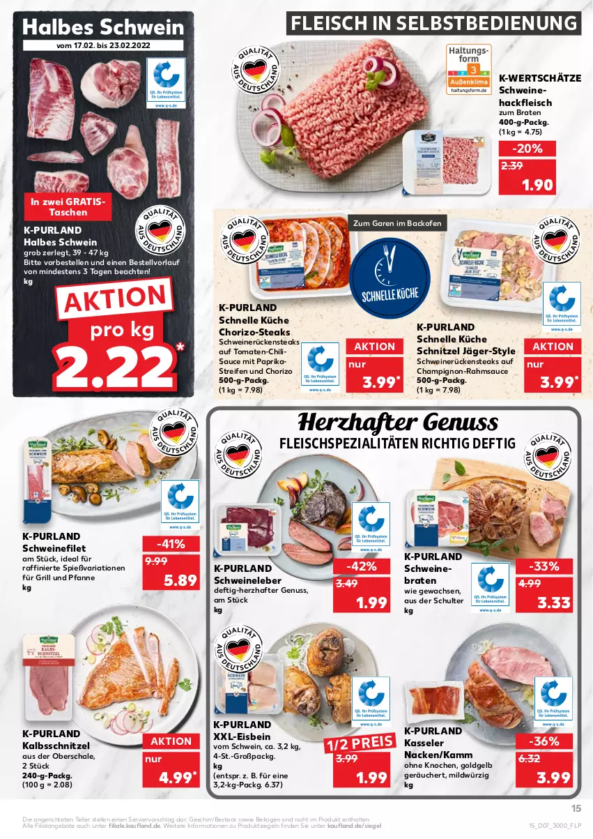 Aktueller Prospekt Kaufland - von 17.02 bis 23.02.2022 - strona 15 - produkty: angebot, angebote, backofen, besteck, braten, champignon, chili, chorizo, eis, elle, filet, fleisch, fleisch in selbstbedienung, für grill und pfanne, geschirr, grill, grill und pfanne, hackfleisch, ilag, kalbsschnitzel, kasseler, küche, mit paprika, nuss, Ofen, paprika, pfanne, purland, reifen, reis, Ria, Rückensteak, rückensteaks, sauce, Schal, Schale, schnitzel, schwein, schweine, schweinebraten, schweinefilet, Schweinehackfleisch, Schweineleber, schweinerücken, Spezi, steak, steaks, Tasche, taschen, teller, Ti, tomate, tomaten, und pfanne, wein, weine