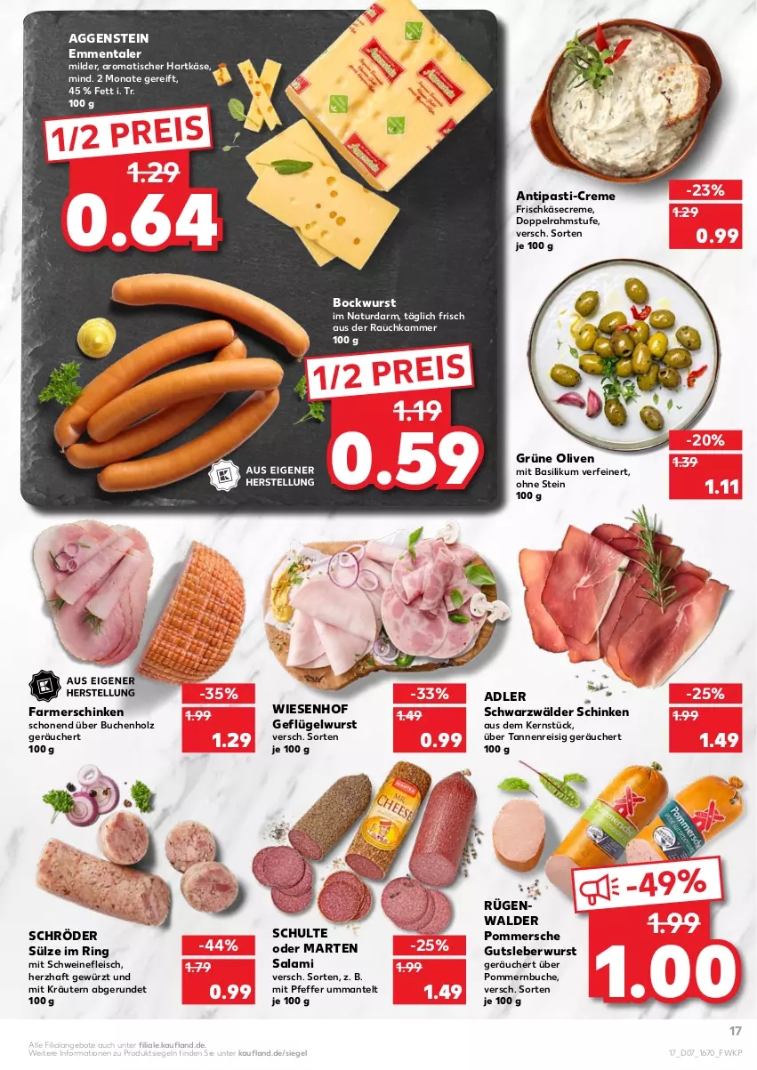 Aktueller Prospekt Kaufland - von 17.02 bis 23.02.2022 - strona 17 - produkty: angebot, angebote, antipasti, asti, basilikum, bockwurst, buch, creme, doppelrahmstufe, eis, emmentaler, farmerschinken, fleisch, frischkäse, Geflügel, gewürz, grüne oliven, gutsleberwurst, hartkäse, Holz, Käse, kräuter, kräutern, leberwurst, Mantel, natur, olive, oliven, pfeffer, Pommersche, Rauch, reis, ring, rügenwalder, salami, schinken, schwarzwälder schinken, schwein, schweine, schweinefleisch, Ti, tisch, wein, weine, wiesenhof, wurst