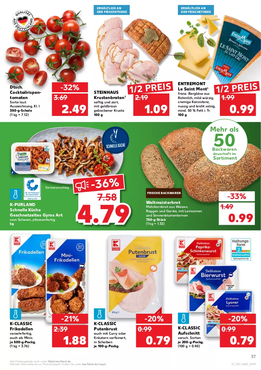 Aktueller Prospekt Kaufland - von 17.02 bis 23.02.2022 - strona 37 - produkty: angebot, angebote, auer, aufschnitt, backwaren, Bergkäse, blume, blumen, braten, braun, brot, cocktail, curry, dell, eis, elle, frikadellen, frische backwaren, geback, geschnetzeltes, gyros, Käse, korn, Kornbrot, kräuter, kräutern, krustenbraten, küche, Meister, milch, nuss, oder kräuter, pfanne, pfannen, purland, pute, putenbrust, reis, rispentomaten, saft, salz, Schal, Schale, schwein, sonnenblume, sonnenblumen, Sonnenblumenkerne, sonnenblumenkernen, steinhaus, Ti, tomate, tomaten, wein, weltmeisterbrot, Zelt