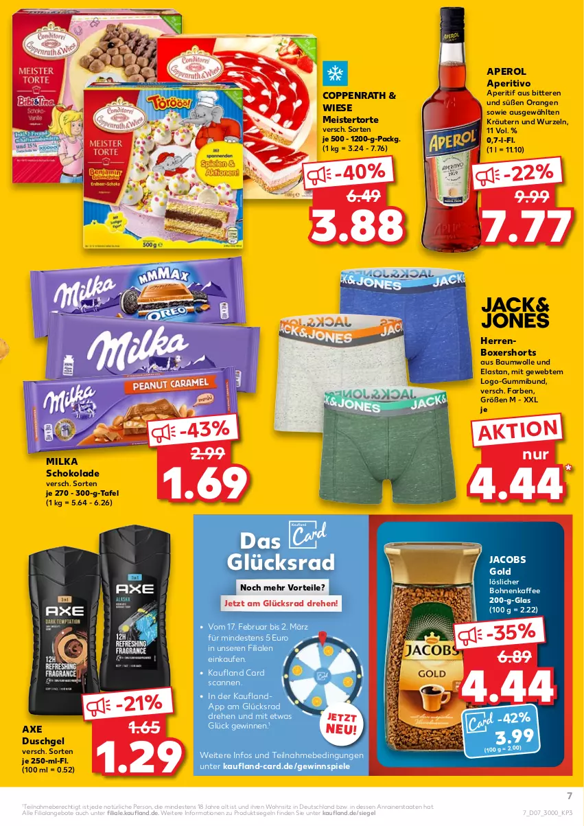 Aktueller Prospekt Kaufland - von 17.02 bis 23.02.2022 - strona 7 - produkty: angebot, angebote, aperitif, aperol, axe, axe duschgel, Bau, baumwolle, bohne, bohnen, bohnenkaffee, coppenrath, duschgel, eis, gewinnspiel, jacobs, Jacobs Gold, kaffee, kräuter, kräutern, löslicher bohnenkaffee, Meister, milka, milka schokolade, orange, orangen, schoko, schokolade, shorts, Spiele, Ti, torte, wolle