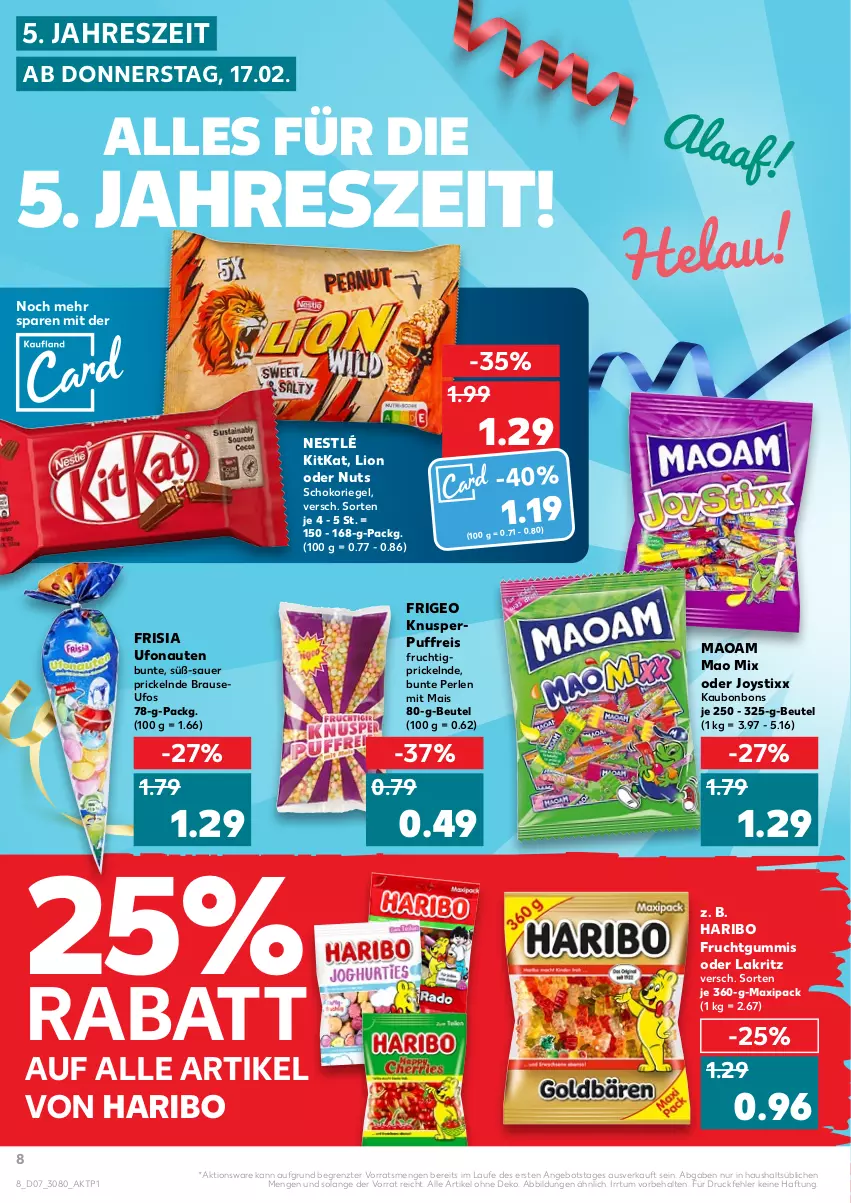 Aktueller Prospekt Kaufland - von 17.02 bis 23.02.2022 - strona 8 - produkty: angebot, auer, beutel, bonbons, brause, eis, frucht, fruchtgummi, fruchtgummis, haribo, kitkat, Lakritz, lion, mais, maoam, nestlé, oder lakritz, perlen, reis, riegel, schoko, schokoriegel, Ti, ZTE