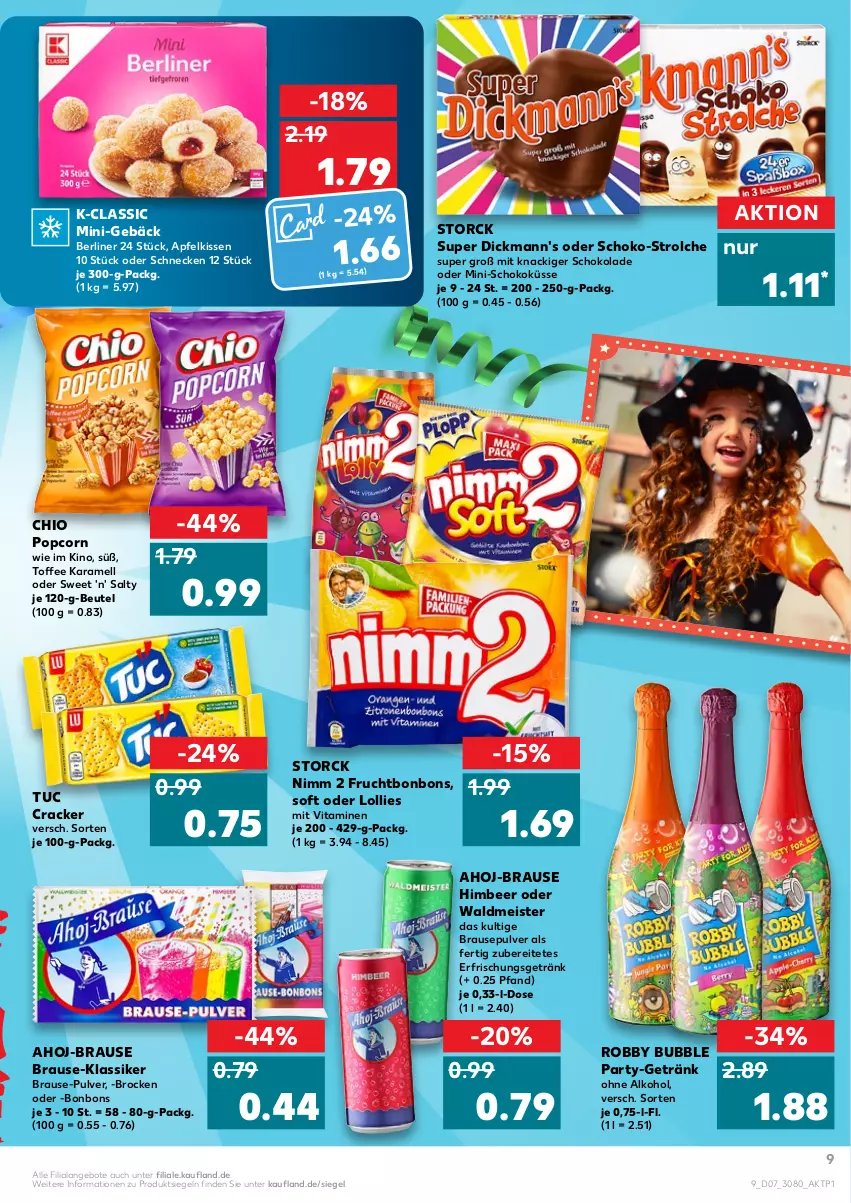 Aktueller Prospekt Kaufland - von 17.02 bis 23.02.2022 - strona 9 - produkty: ahoj-brause, alkohol, angebot, angebote, apfel, berliner, beutel, bonbons, brause, Brock, cracker, Dickmann's, eis, erfrischungsgetränk, frucht, getränk, himbeer, karamell, kissen, Meister, Nimm 2, ohne alkohol, popcorn, robby, schoko, schokolade, storck, Ti, tuc, vita, Vitamine, waldmeister