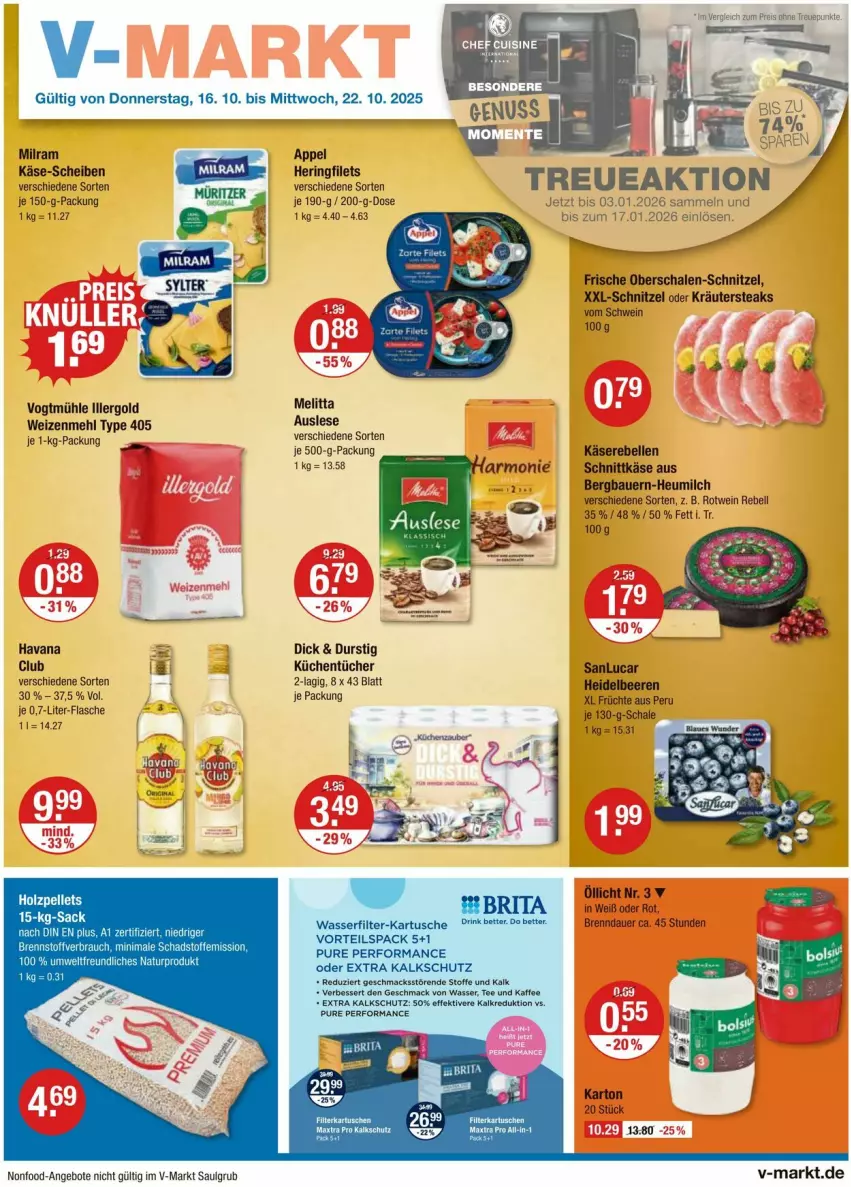 Aktueller Prospekt Vmarkt - Prospekte - von 16.10 bis 22.10.2025 - strona 1 - produkty: angebot, angebote, asti, auer, Bau, Bauer, beere, beeren, bett, brita, elle, filet, filets, flasche, früchte, heidelbeere, heidelbeeren, hering, Heu, heumilch, kaffee, Käse, Käserebellen, kräuter, küche, kuchen, Küchen, küchentücher, LG, mac, mehl, melitta, milch, milram, oder kräuter, rebell, ring, rotwein, Schal, Schale, schnittkäse, schnitzel, schwein, steak, steaks, tee, Ti, tücher, type 405, wasser, wasserfilter, wein, weizenmehl