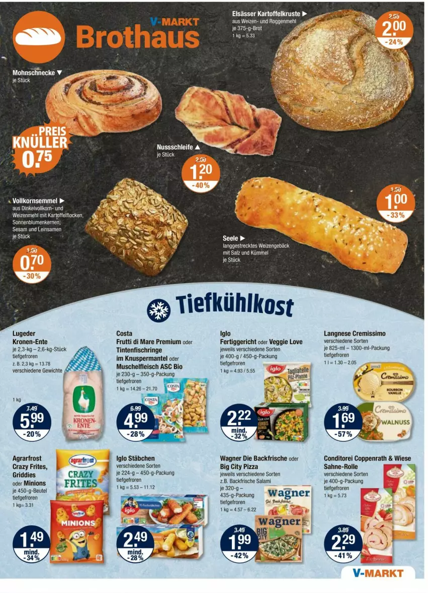 Aktueller Prospekt Vmarkt - Prospekte - von 16.10 bis 22.10.2025 - strona 9 - produkty: agrarfrost, beutel, bio, Brei, coppenrath, Crazy Frites, cremissimo, eier, eis, elle, ente, fertiggericht, fisch, fleisch, frutti di mare, Griddies, iglo, kartoffel, korn, krone, langnese, langnese cremissimo, Mantel, nerf, nuss, pfanne, pizza, ring, sahne, salami, salz, Semmel, sim, tagliatelle, Ti, tiefkühlkost, Tintenfischringe, veggie, Veggie Love, wagner