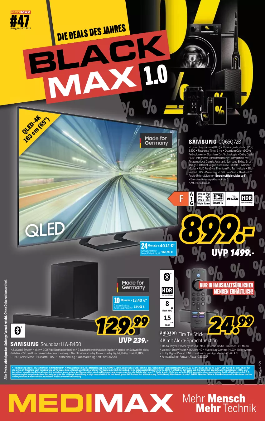 Aktueller Prospekt Medimax - MEDIMAX Prospekt KW47 2022 - von 18.11 bis 24.11.2022 - strona 1 - produkty: abholpreise, alexa, amazon alexa, dekoration, deo, Draht, dvb, dvb-s2, DVB-T, eimer, eis, erde, fernbedienung, festplatte, HDD, HDMI, latte, lautsprecher, LG, mastercard, Mode, Radio, reis, rum, Samsung, smart tv, soundbar, Spektrum, ssd, Subwoofer, Ti, tuner, usb, wandhalterung