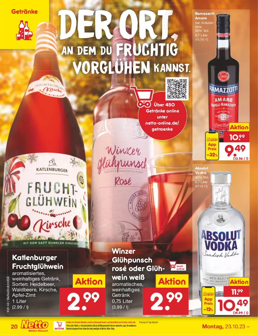 Aktueller Prospekt Netto Marken-Discount - Filial-Angebote - von 23.10 bis 28.10.2023 - strona 22 - produkty: Absolut Vodka, amaro, apfel, beere, bestpreis, burger, eis, frucht, getränk, getränke, Glühwein, HP, katlenburger, kirsch, kirsche, kräuter, kräuterlikör, likör, ndk, rama, ramazzott, ramazzotti, reis, Ti, tisch, vodka, wein, zott