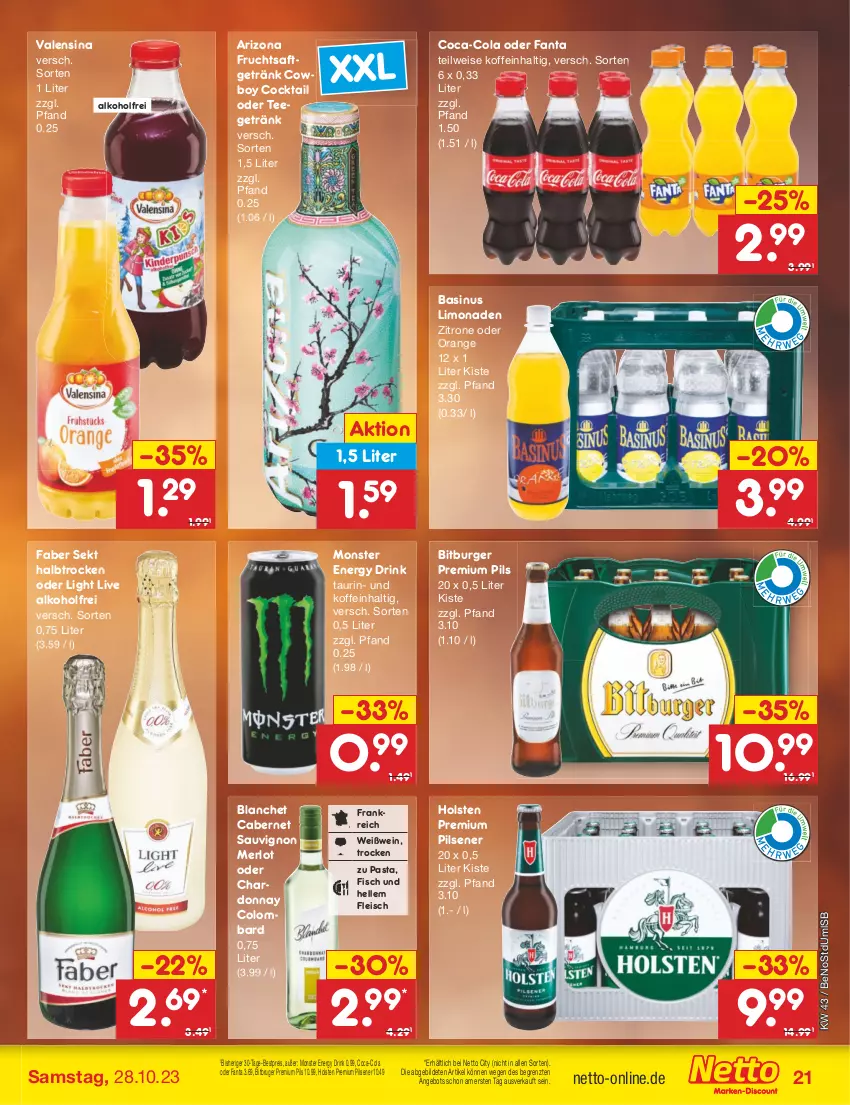 Aktueller Prospekt Netto Marken-Discount - Filial-Angebote - von 23.10 bis 28.10.2023 - strona 23 - produkty: alkohol, angebot, bestpreis, bitburger, burger, cabernet, cabernet sauvignon, chardonnay, coca-cola, cocktail, cola, drink, eis, elle, energy drink, fanta, fisch, fleisch, frucht, fruchtsaft, fruchtsaftgetränk, getränk, holsten, limo, limonade, limonaden, merl, merlot, monster, Monster Energy, orange, pasta, pils, pilsener, premium pils, reis, saft, sauvignon, sekt, tee, Ti, valensina, wein, Weißwein, zitrone, ZTE