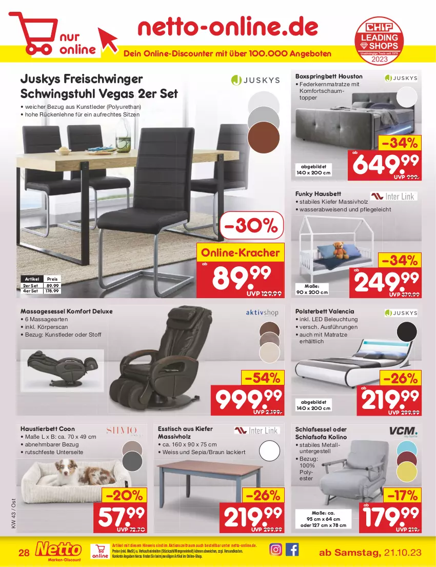 Aktueller Prospekt Netto Marken-Discount - Filial-Angebote - von 23.10 bis 28.10.2023 - strona 30 - produkty: angebot, angebote, aust, beleuchtung, bett, boxspringbett, braun, discount, eis, esstisch, federkern, federkernmatratze, Freischwinger, Holz, kernmatratze, komfortschaumtopper, kracher, lack, massivholz, matratze, ndk, polsterbett, reis, ring, rückenlehne, schlafsofa, schwingstuhl, sessel, Sofa, Stier, stuhl, Ti, tisch, topper, usb, wasser