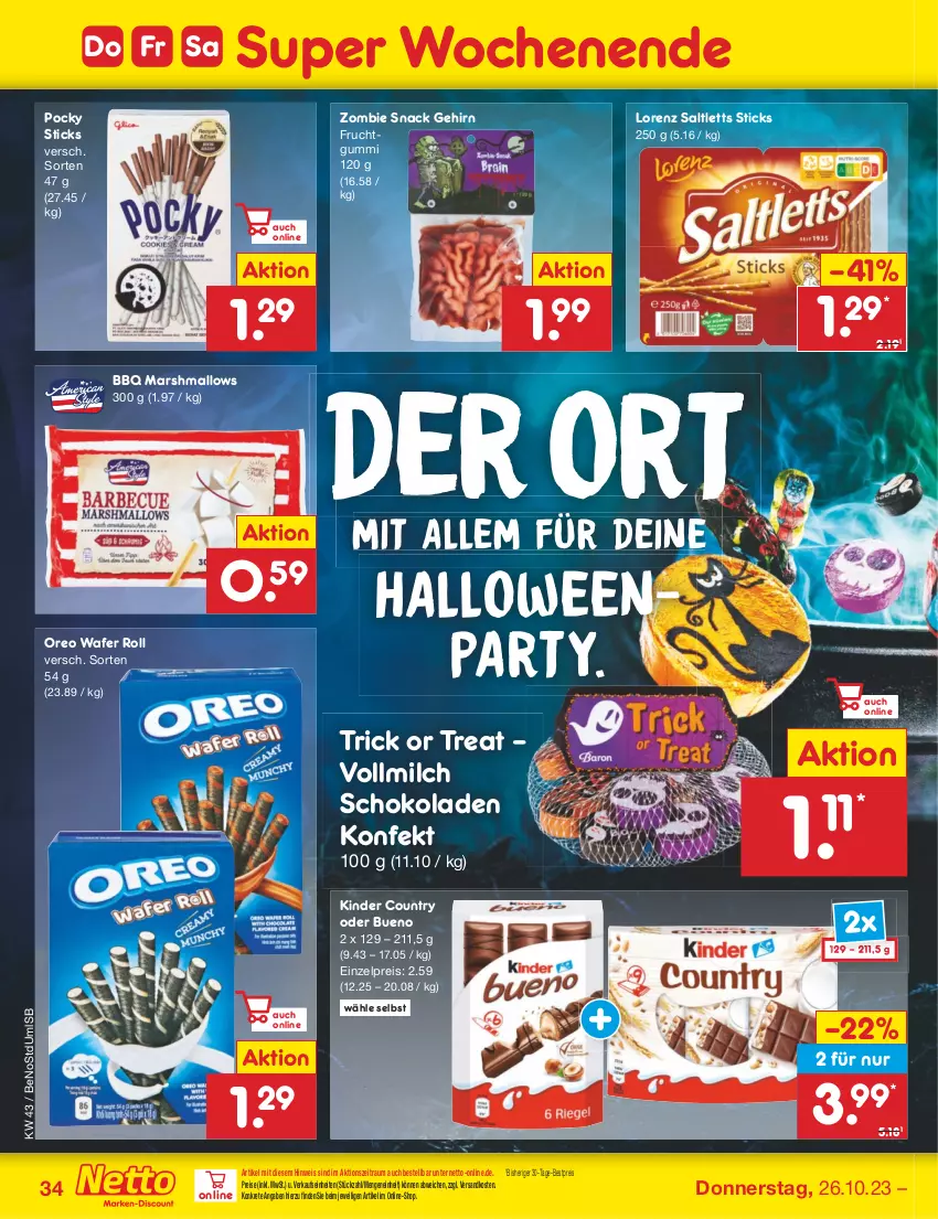 Aktueller Prospekt Netto Marken-Discount - Filial-Angebote - von 23.10 bis 28.10.2023 - strona 36 - produkty: bestpreis, eis, frucht, fruchtgummi, Kinder, kinder country, lorenz, mars, milch, ndk, oreo, reis, saltletts, schoko, schokolade, schokoladen, snack, Ti, vollmilch