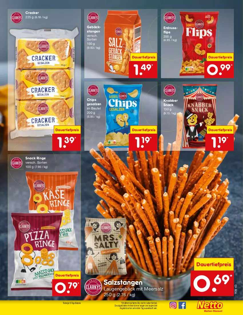 Aktueller Prospekt Netto Marken-Discount - Filial-Angebote - von 23.10 bis 28.10.2023 - strona 39 - produkty: angebot, auer, bestpreis, beutel, chips, cracker, dauertiefpreis, eis, erdnuss, meersalz, nuss, reis, ring, salz, Salzstange, Salzstangen, snack, Ti, tiefpreis, ZTE