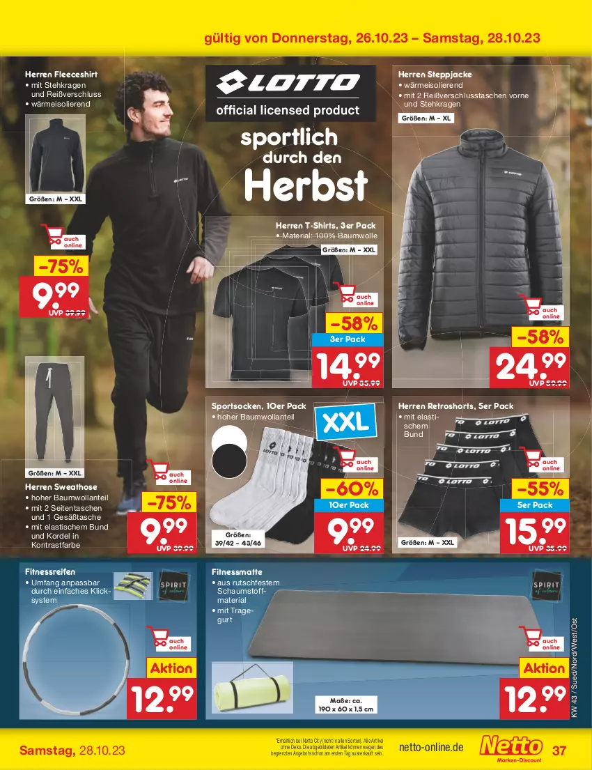 Aktueller Prospekt Netto Marken-Discount - Filial-Angebote - von 23.10 bis 28.10.2023 - strona 41 - produkty: angebot, asti, Bau, baumwolle, eis, Fleeceshirt, hose, Jacke, reifen, retroshorts, Ria, shirt, shirts, shorts, socken, Sport, sportsocken, Steppjacke, Sweathose, T-Shirt, Tasche, taschen, Ti, tisch, wolle, ZTE