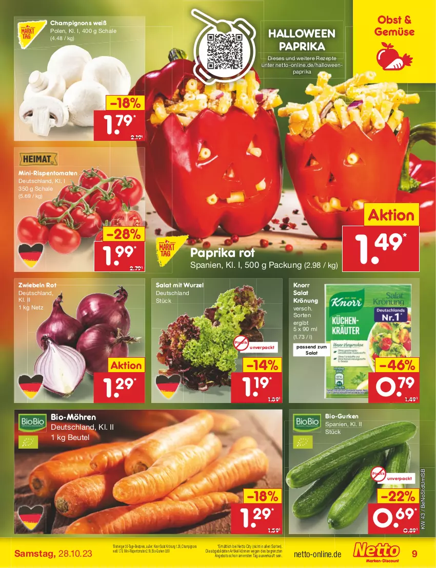 Aktueller Prospekt Netto Marken-Discount - Filial-Angebote - von 23.10 bis 28.10.2023 - strona 9 - produkty: angebot, asti, bestpreis, beutel, bio, champignon, champignons, eis, gurke, gurken, knorr, mini-rispentomaten, möhren, obst, paprika, paprika rot, reis, rezept, rezepte, rispentomaten, salat, Schal, Schale, Ti, tomate, tomaten, ZTE, zwiebel, zwiebeln