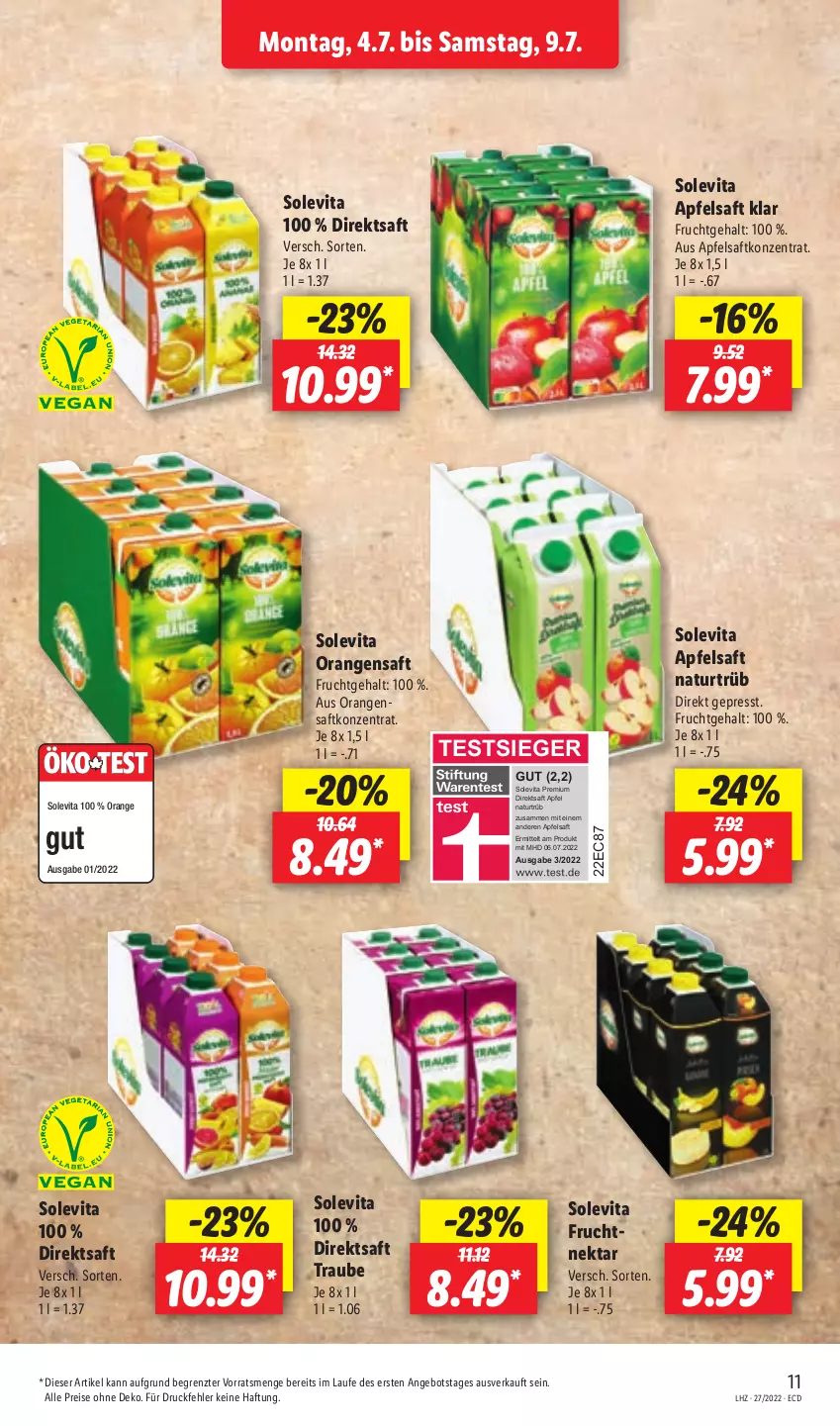 Aktueller Prospekt Lidl - Aktionsprospekt - von 04.07 bis 09.07.2022 - strona 11 - produkty: angebot, apfel, apfelsaft, direktsaft, eis, frucht, natur, Nektar, orange, orangen, orangensaft, reis, saft, Ti, vita, ZTE