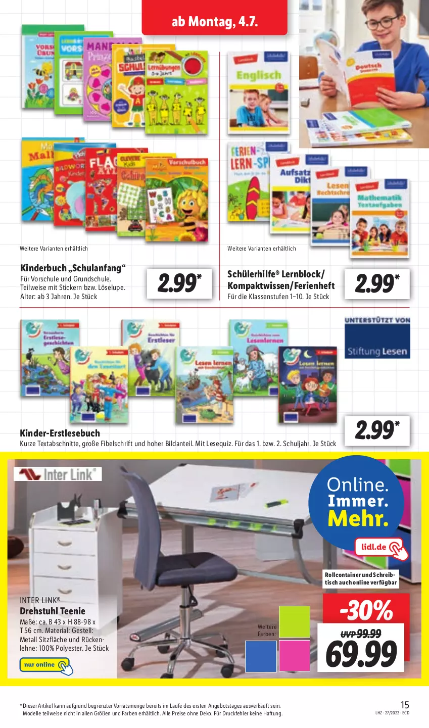 Aktueller Prospekt Lidl - Aktionsprospekt - von 04.07 bis 09.07.2022 - strona 15 - produkty: angebot, buch, Container, dell, drehstuhl, eis, elle, Kinder, Kinderbuch, Mode, reis, Ria, rollcontainer, schreibtisch, stuhl, tee, Ti, tisch, ZTE