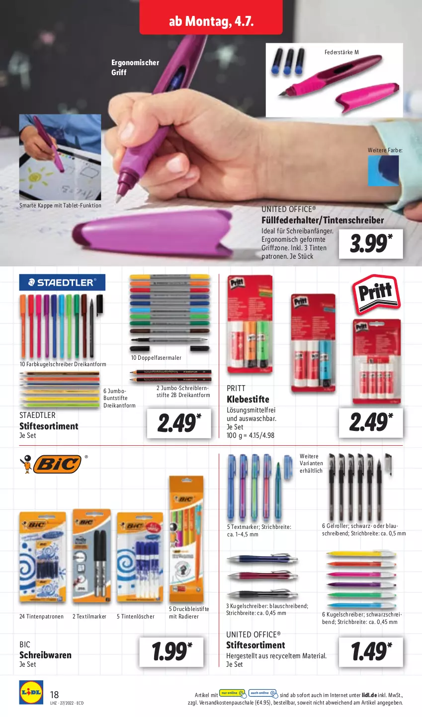 Aktueller Prospekt Lidl - Aktionsprospekt - von 04.07 bis 09.07.2022 - strona 18 - produkty: Bleistift, bleistifte, Brei, buntstifte, eis, fasermaler, jumbo, Kugel, kugelschreiber, ndk, office, pritt, Ria, Roller, Schal, Schale, schreibwaren, staedtler, stifte, tablet, Textilmarker, textmarker, Ti, Tintenlöscher, Tintenpatrone