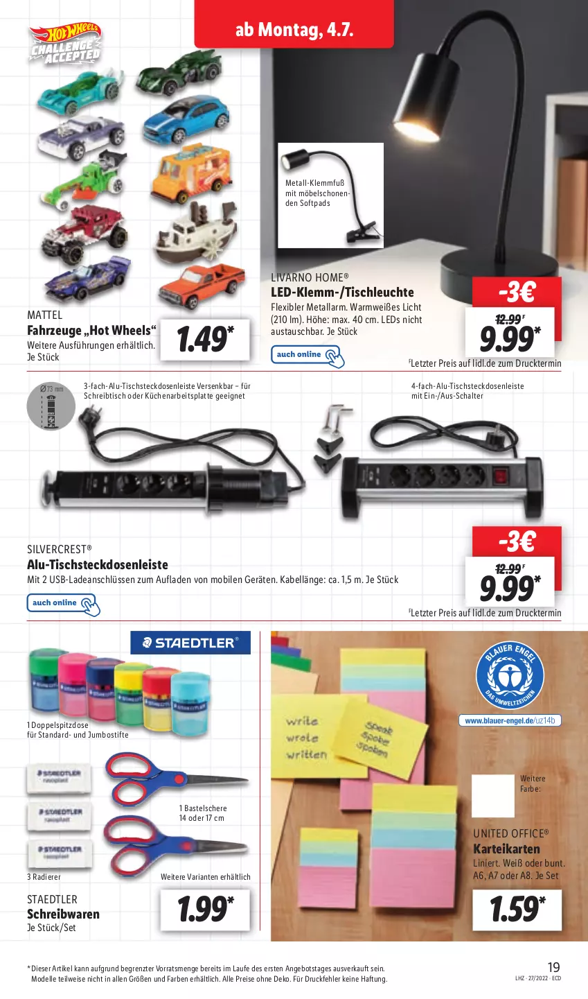 Aktueller Prospekt Lidl - Aktionsprospekt - von 04.07 bis 09.07.2022 - strona 19 - produkty: angebot, arbeitsplatte, aust, dell, eis, elle, Hot Wheels, jumbo, küche, Küchen, latte, leds, Leuchte, Mattel, möbel, Mode, office, reis, Ria, Schal, Schere, schreibtisch, schreibwaren, silvercrest, staedtler, steckdose, Steckdosenleiste, stifte, Ti, tisch, tischleuchte, usb, ZTE