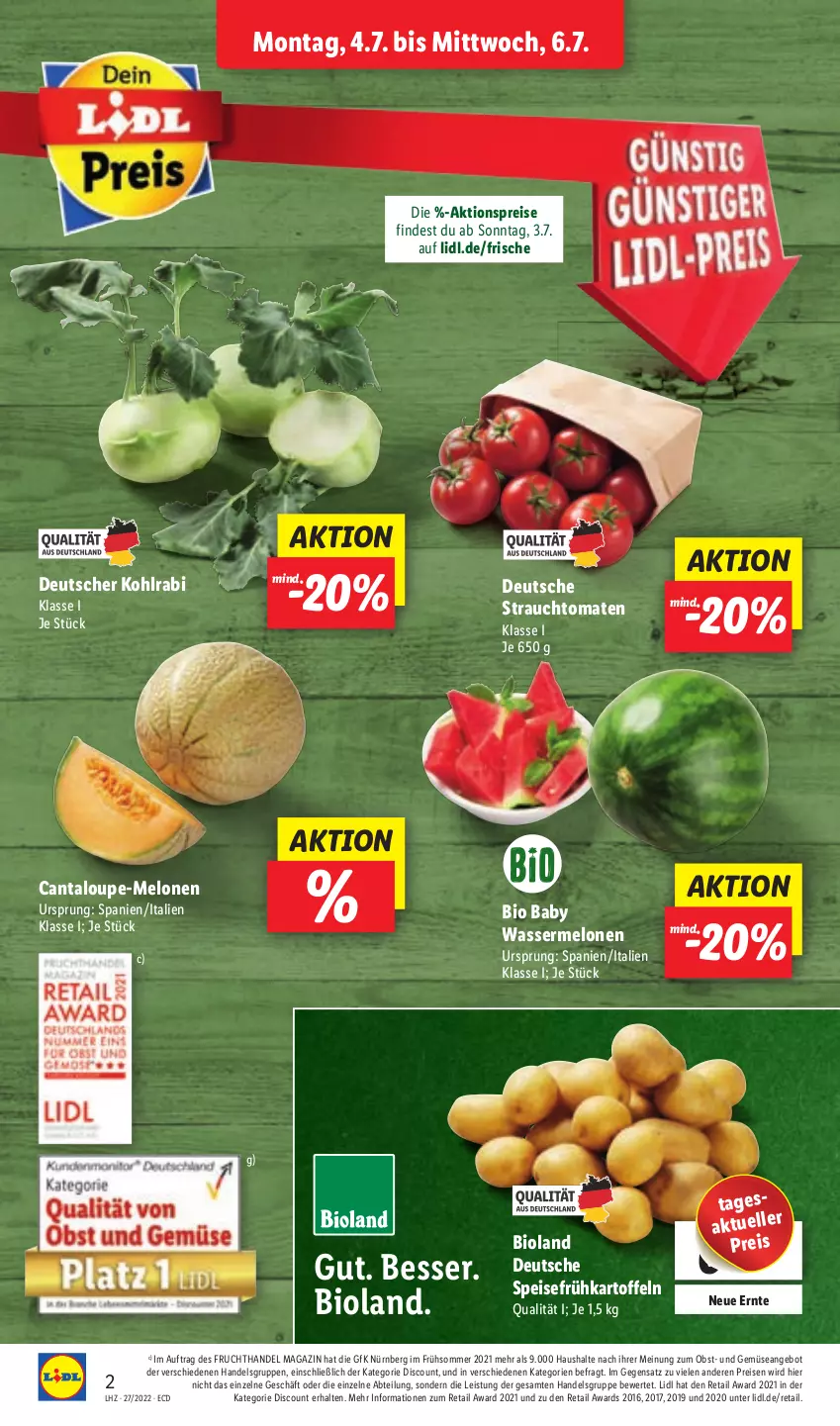 Aktueller Prospekt Lidl - Aktionsprospekt - von 04.07 bis 09.07.2022 - strona 2 - produkty: Abtei, aktionspreis, angebot, bio, bioland, Cantaloupe-melone, discount, eis, elle, frucht, Frühkartoffeln, kartoffel, kartoffeln, kohlrabi, magazin, melone, melonen, obst, Rauch, reis, speisefrühkartoffeln, strauchtomaten, Ti, tomate, tomaten, und gemüse, wasser, wassermelone, wassermelonen