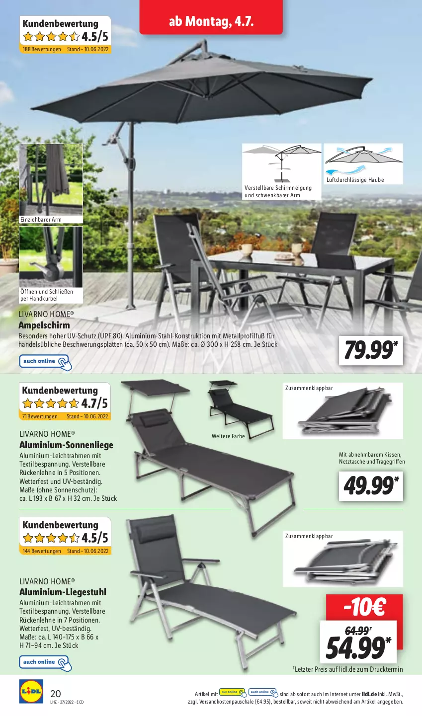 Aktueller Prospekt Lidl - Aktionsprospekt - von 04.07 bis 09.07.2022 - strona 20 - produkty: ampelschirm, eis, kissen, latte, Liege, ndk, reis, Schal, Schale, sonnenliege, sonnenschutz, stuhl, Tasche, Ti, tragegriff, uv-schutz, ZTE