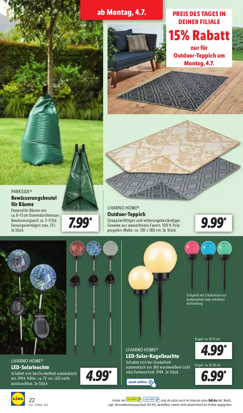 Aktueller Prospekt Lidl - Aktionsprospekt - von 04.07 bis 09.07.2022 - strona 22 - produkty: aust, auto, beutel, eis, elle, Kugel, led-solarleuchte, Leuchte, messer, ndk, Outdoor-Teppich, Parkside, reis, Schal, Schale, solarleuchte, teppich, Ti, tisch, wasser