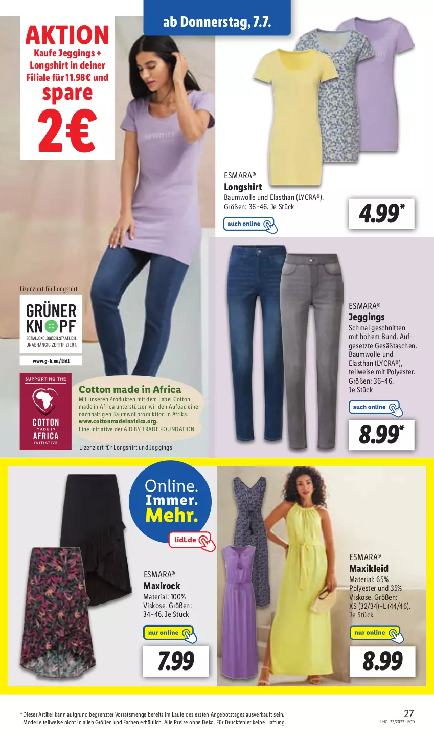 Aktueller Prospekt Lidl - Aktionsprospekt - von 04.07 bis 09.07.2022 - strona 27 - produkty: angebot, Bau, baumwolle, dell, eis, elle, esmara, gin, kleid, maxikleid, Mode, reis, Ria, schnitten, shirt, Tasche, taschen, Ti, wolle, ZTE