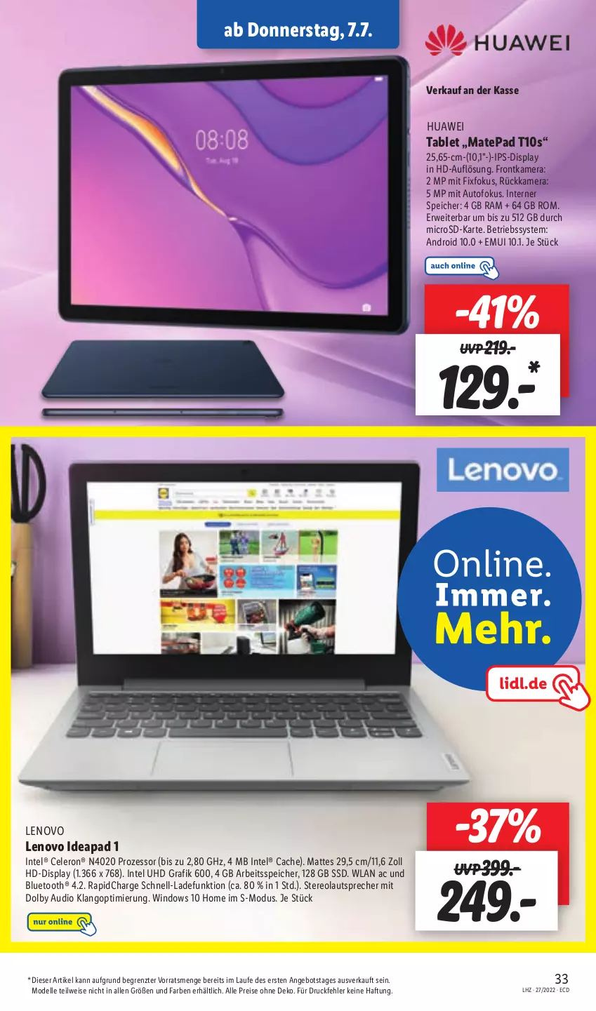 Aktueller Prospekt Lidl - Aktionsprospekt - von 04.07 bis 09.07.2022 - strona 33 - produkty: angebot, auto, Betriebssystem, celeron, dell, eis, elle, frontkamera, huawei, Intel, ips-display, kamera, lautsprecher, lenovo, microsd, Mode, reis, rwe, ssd, tablet, Ti, uhd, ZTE