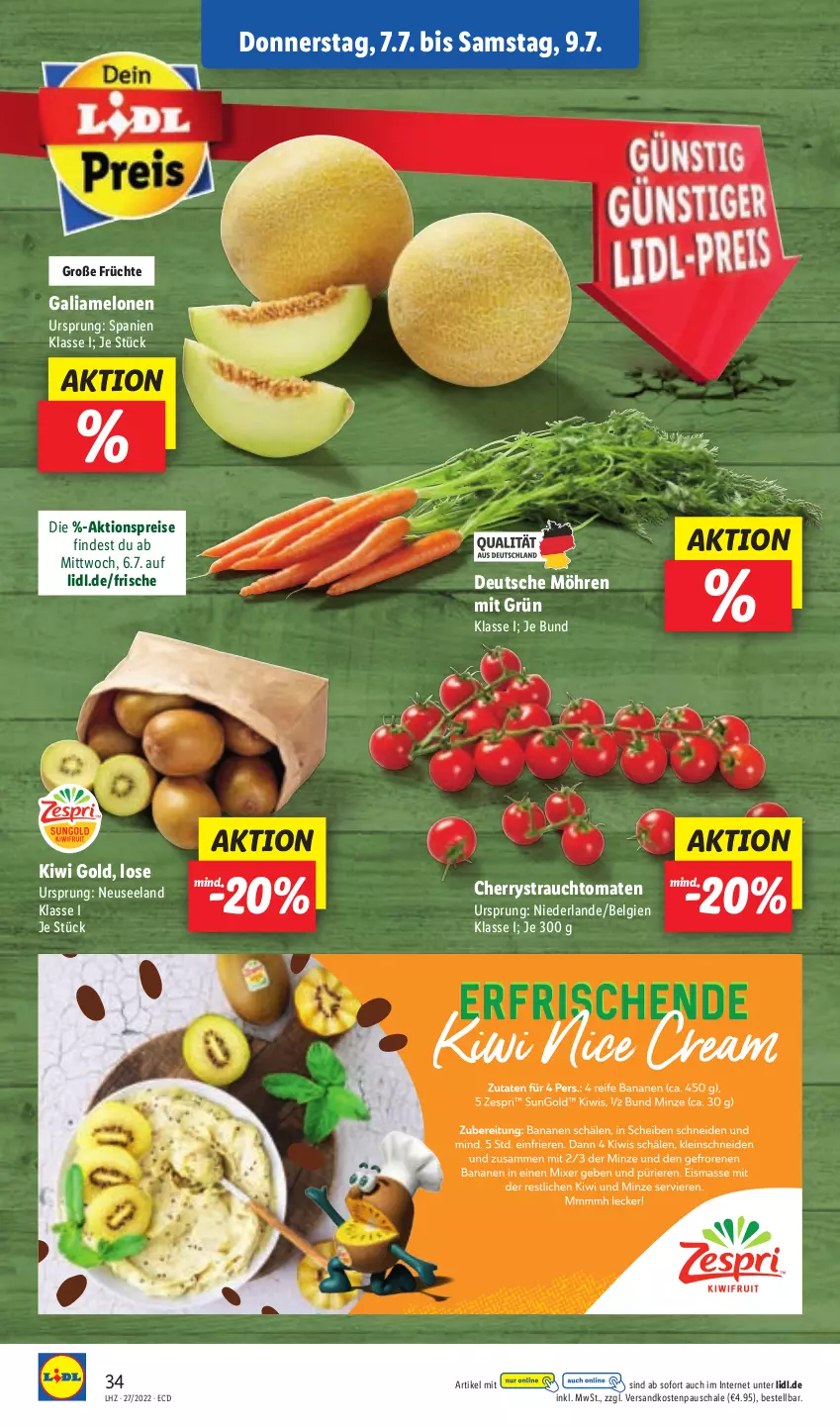 Aktueller Prospekt Lidl - Aktionsprospekt - von 04.07 bis 09.07.2022 - strona 34 - produkty: aktionspreis, eis, Elan, früchte, galiamelone, kiwi, Kiwi Gold, LG, melone, melonen, möhren, ndk, Rauch, reis, Schal, Schale, strauchtomaten, Ti, tomate, tomaten