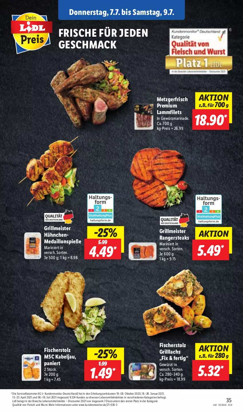 Aktueller Prospekt Lidl - Aktionsprospekt - von 04.07 bis 09.07.2022 - strona 35 - produkty: discount, eis, filet, filets, fisch, fische, Fischer, fleisch, gewürz, grill, lachs, lamm, Lammfilets, lebensmittel, mac, marinade, medaillons, Meister, monitor, pril, reis, steak, steaks, Ti, wurst