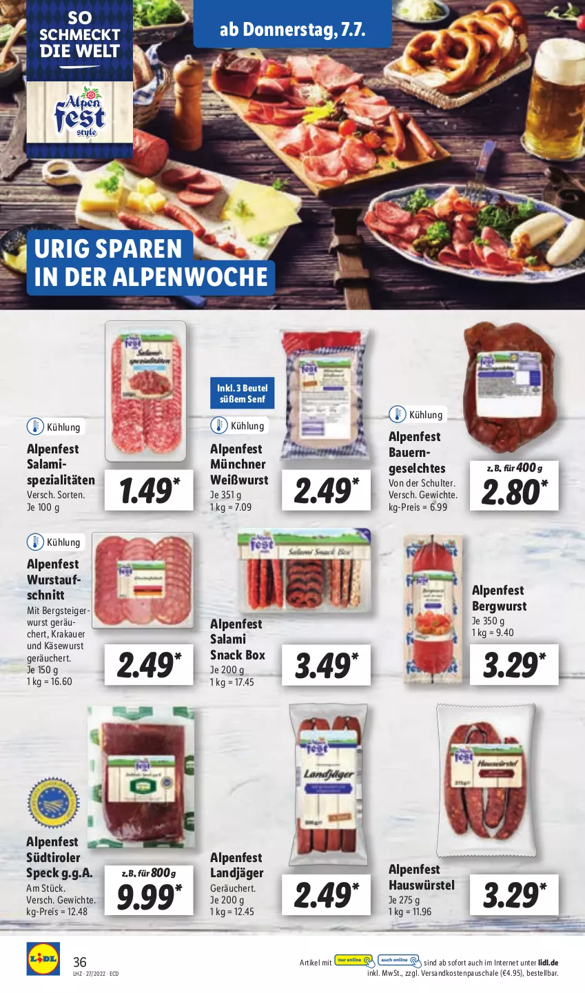 Aktueller Prospekt Lidl - Aktionsprospekt - von 04.07 bis 09.07.2022 - strona 36 - produkty: auer, aufschnitt, Bau, Bauer, beutel, eis, Käse, Käsewurst, krakauer, landjäger, ndk, reis, salami, Schal, Schale, senf, snack, Speck, Spezi, südtiroler, Ti, Weißwurst, wurst