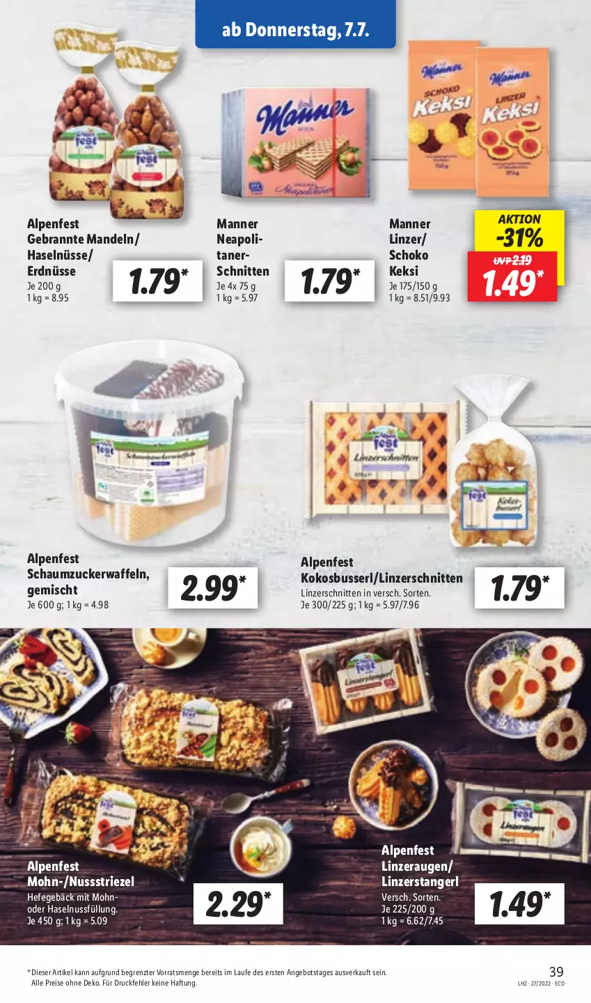 Aktueller Prospekt Lidl - Aktionsprospekt - von 04.07 bis 09.07.2022 - strona 39 - produkty: angebot, eis, erdnüsse, haselnuss, Hefe, keks, kokos, mandel, mandeln, Manner, nuss, reis, Schaumzucker, schnitten, schoko, Ti, waffeln, ZTE, zucker