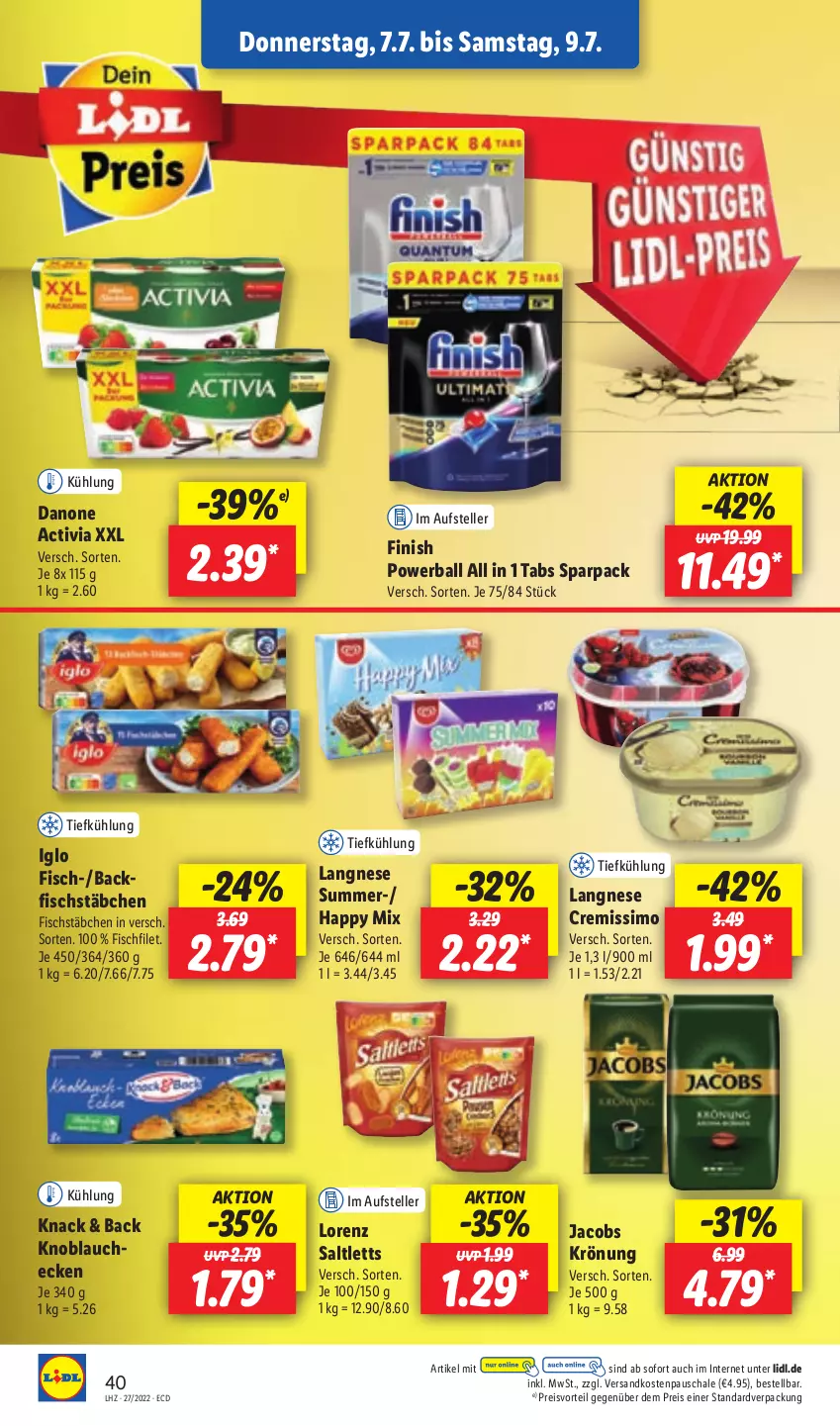 Aktueller Prospekt Lidl - Aktionsprospekt - von 04.07 bis 09.07.2022 - strona 44 - produkty: activia, backfisch, ball, cremissimo, danone, danone activia, eis, elle, filet, Finish, fisch, fischstäbchen, iglo, jacobs, jacobs krönung, knoblauch, langnese, langnese cremissimo, lorenz, ndk, powerball, preisvorteil, reis, saltletts, Schal, Schale, sim, teller, Ti