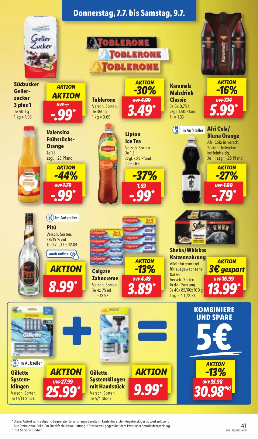 Aktueller Prospekt Lidl - Aktionsprospekt - von 04.07 bis 09.07.2022 - strona 45 - produkty: Afri Cola, alleinfuttermittel, angebot, cola, colgate, creme, drink, eis, elle, gillette, ice tea, karamalz, katzennahrung, LG, lipton, lipton ice tea, malz, orange, preisvorteil, rama, reis, sheba, sofort-rabatt, südzucker, Systemklingen, teller, Ti, toblerone, valensina, whiskas, zahncreme, ZTE, zucker