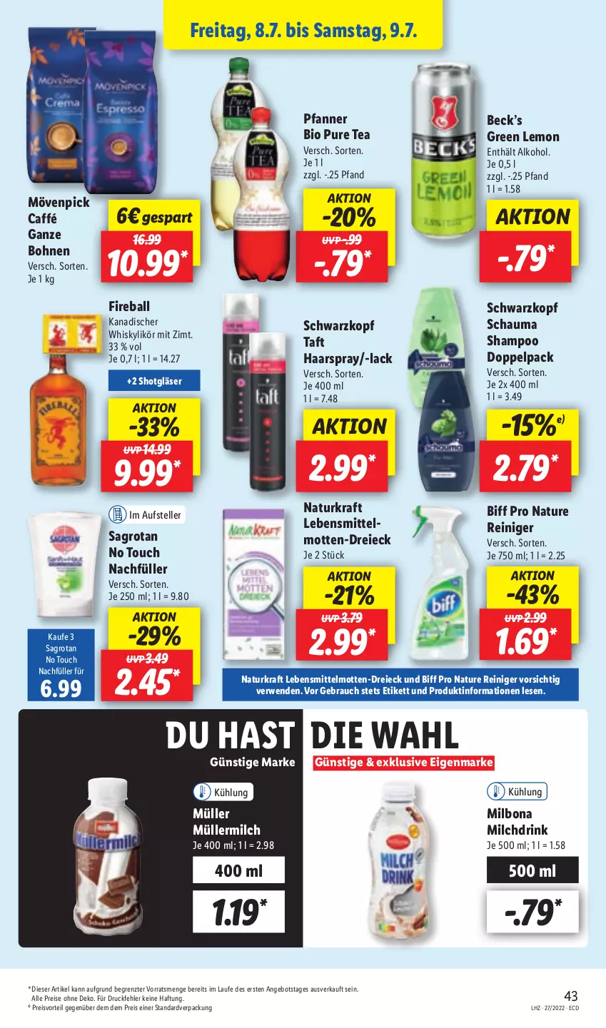 Aktueller Prospekt Lidl - Aktionsprospekt - von 04.07 bis 09.07.2022 - strona 47 - produkty: alkohol, angebot, ball, biff, bio, bohne, bohnen, Bona, drink, eis, elle, Gläser, haarspray, kraft, lack, lebensmittel, likör, Milbona, milch, mövenpick, Müller, müllermilch, natur, pfanne, Pfanner, preisvorteil, Rauch, reiniger, reis, rwe, sagrotan, schauma, schauma shampoo, schwarzkop, schwarzkopf, shampoo, Taft, teller, Ti, whisky, ZTE