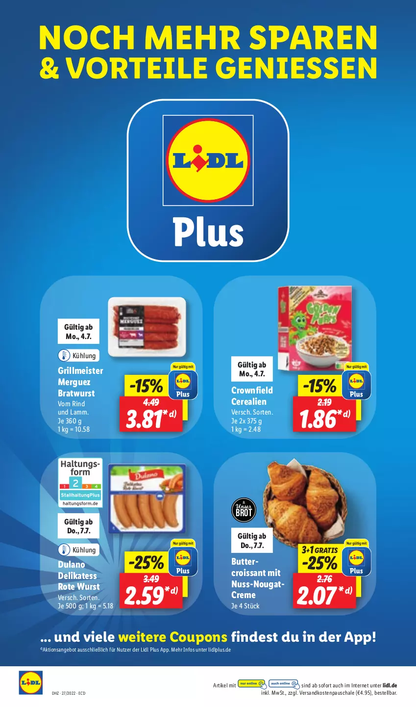 Aktueller Prospekt Lidl - Aktionsprospekt - von 04.07 bis 09.07.2022 - strona 48 - produkty: angebot, bratwurst, brot, butter, cerealien, coupon, coupons, creme, Croissant, dulano, eis, grill, lamm, Meister, ndk, Nougatcreme, nuss, rind, Schal, Schale, Ti, wurst