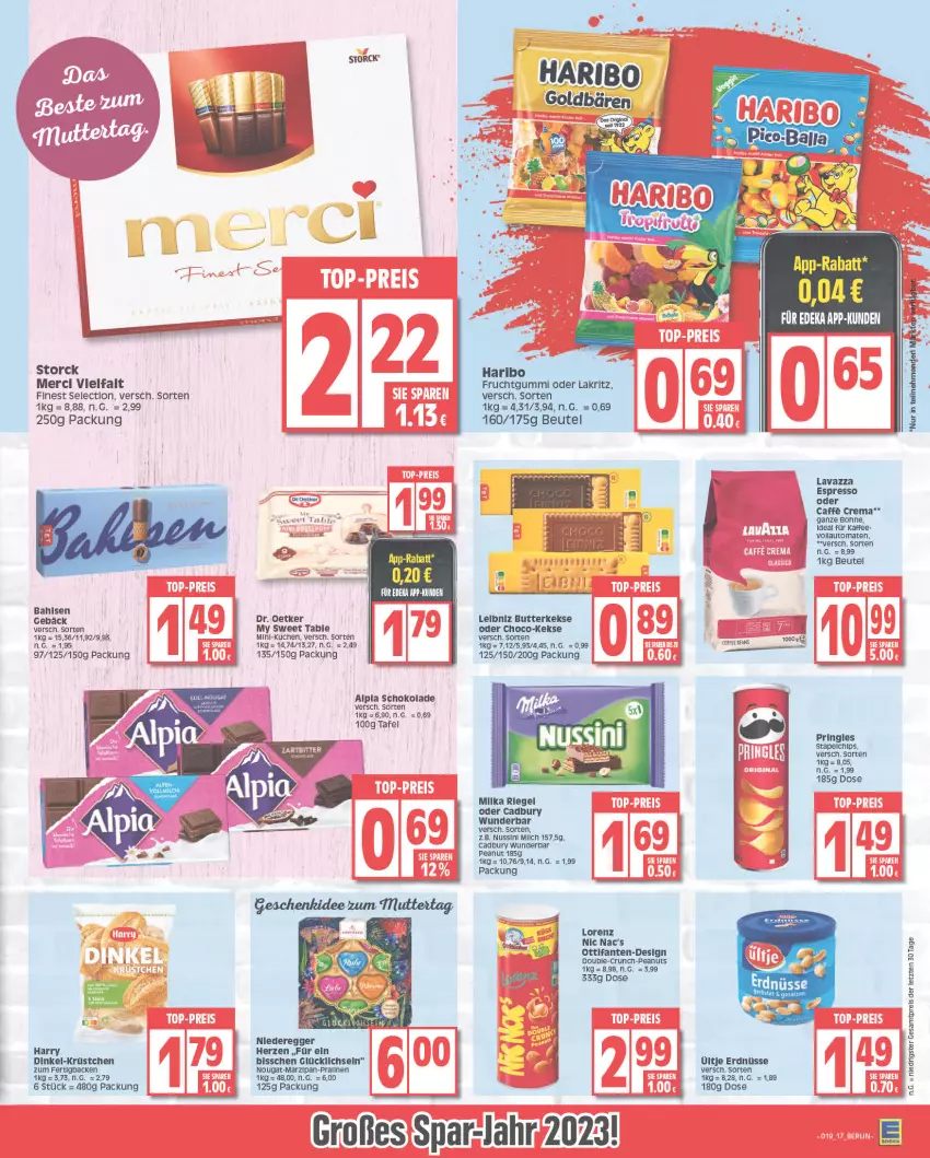 Aktueller Prospekt Edeka - Angebote der Woche - von 08.05 bis 13.05.2023 - strona 17 - produkty: alpia, auto, bahlsen, beutel, bohne, butter, butterkeks, caffe, chips, Dr. Oetker, Egger, erdnüsse, espresso, frucht, fruchtgummi, haribo, kaffee, keks, kekse, kuchen, Lakritz, lavazza, leibniz, lorenz, marzipan, merci, milka, my sweet table, nic nac's, nuss, oder lakritz, pralinen, pringles, riegel, ring, schoko, schokolade, storck, Ti, tomate, tomaten, ültje, ültje erdnüsse, vollautomaten