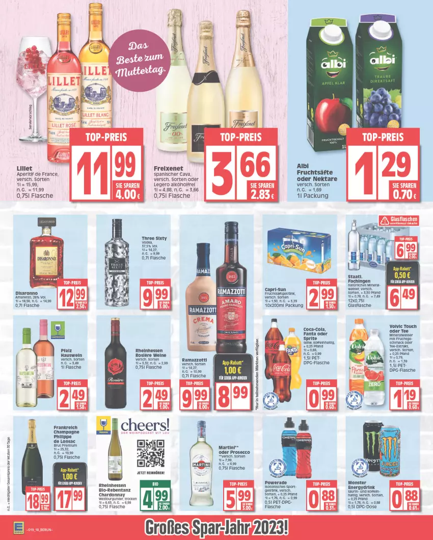 Aktueller Prospekt Edeka - Angebote der Woche - von 08.05 bis 13.05.2023 - strona 18 - produkty: alkohol, Alwa, Amaretto, aperitif, brut, burgunder, Cap, capri-sun, Cava, champagne, chardonnay, coca-cola, cola, drink, ecco, eis, fanta, fanta oder, fanta oder sprite, flasche, freixenet, frucht, fruchtsaft, fruchtsäfte, fruchtsaftgetränk, getränk, glasflasche, lillet, mac, martini, mineralwasser, mit frucht, monster, Monster Energy, Nektar, oder sprite, prosecco, reis, rel, sac, saft, säfte, saro, Sport, sprite, tee, Three Sixty, Ti, vodka, volvic, wasser, wein, weine, ZTE