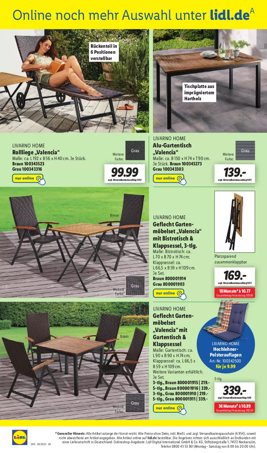 Aktueller Prospekt Lidl - Wochen-Highlights im Onlineshop - von 11.07 bis 17.07.2022 - strona 4 - produkty: angebot, angebote, Bistrotisch, braun, eis, elle, ente, Garten, gartenmöbel, gartentisch, Holz, HP, klappsessel, latte, LG, Liege, möbel, ndk, reis, rel, Ria, Schal, Schale, sessel, telefon, Ti, tisch, tischplatte, uhr