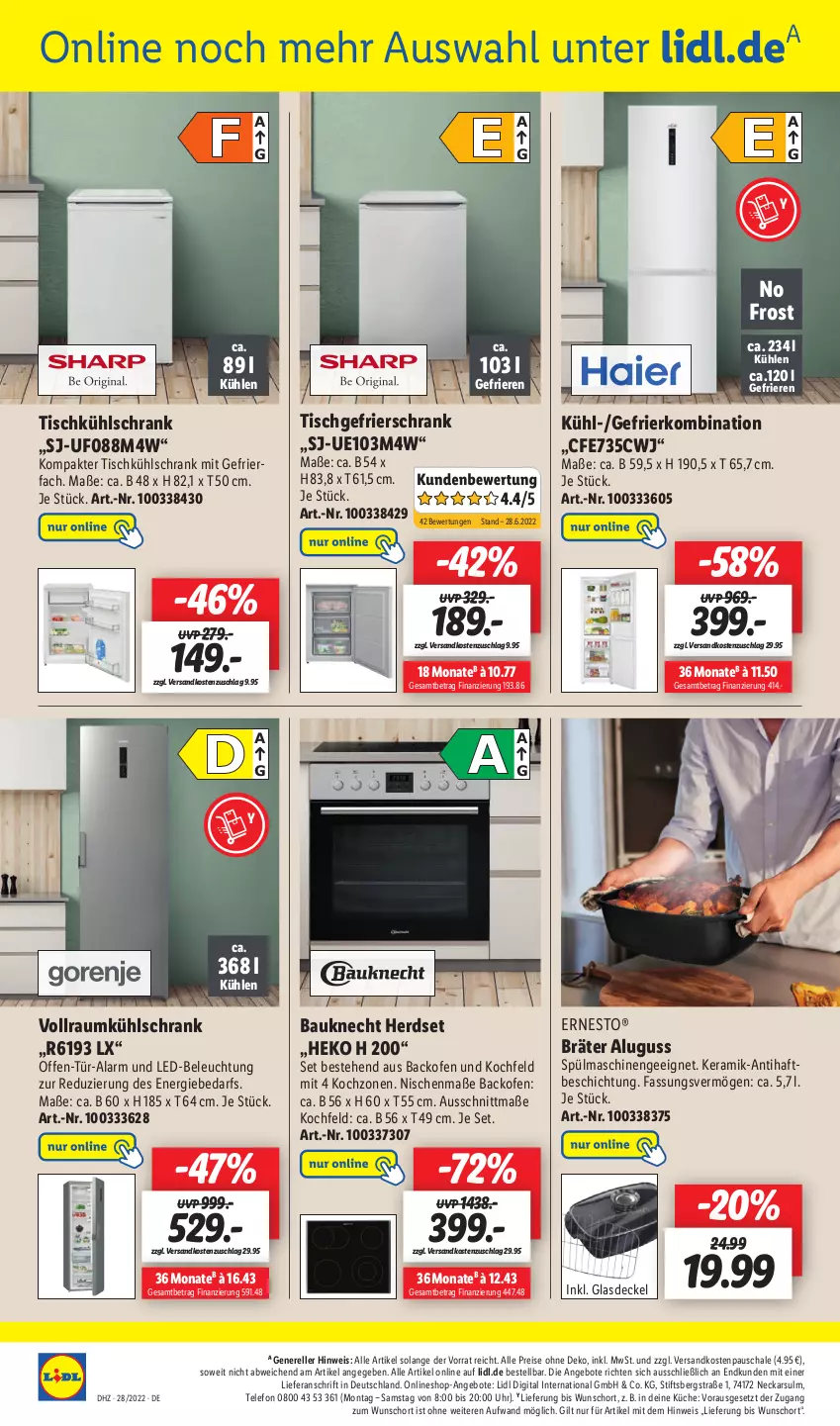 Aktueller Prospekt Lidl - Wochen-Highlights im Onlineshop - von 11.07 bis 17.07.2022 - strona 6 - produkty: angebot, angebote, backofen, backofen und, Bau, bauknecht, beleuchtung, decke, Deckel, eis, elle, ernesto, gefrierfach, gefrierkombination, gefrierschrank, Glasdeckel, herdset, kochfeld, küche, kühlschrank, kühlschrank mit, led-beleuchtung, ndk, Ofen, reis, rel, Schal, Schale, Schrank, spülmaschinen, telefon, Ti, tisch, uhr