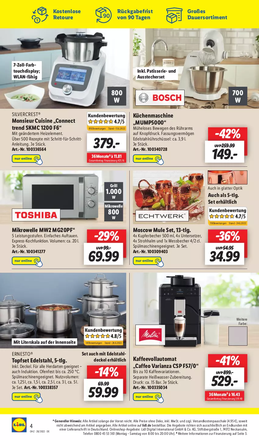 Aktueller Prospekt Lidl - Wochen-Highlights im Onlineshop - von 11.07 bis 17.07.2022 - strona 8 - produkty: angebot, angebote, auer, Ausstecher, auto, Becher, caffe, decke, Deckel, edelstahl, eis, elle, ernesto, grill, herdarten, kaffee, kaffeevollautomat, küche, Küchen, küchenmaschine, latte, LG, Messbecher, mikrowelle, Monsieur Cuisine, ndk, Ofen, reis, rel, rezept, rezepte, Ria, Rührschüssel, Schal, Schale, schüssel, silvercrest, spülmaschinen, telefon, Ti, topf, Topfset, uhr, Untersetzer, wasser