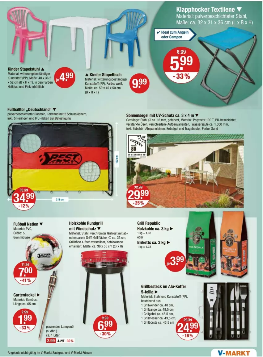 Aktueller Prospekt Vmarkt - Prospekte - von 06.06 bis 12.06.2024 - strona 19 - produkty: angebot, angebote, ball, bambus, Bau, besteck, beutel, briketts, bürste, Fußball, gabel, Garten, Gartenfackel, grill, grillrost, grillzange, hering, hocker, Holz, holzkohle, Kinder, koffer, Lampe, leine, LG, messer, Ria, ring, rundgrill, sonnensegel, stapelstuhl, stuhl, Ti, tisch, uv-schutz, Wanne, wasser, Windschutz