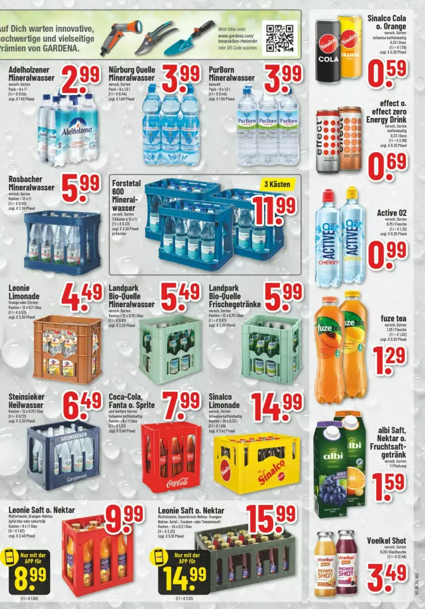 Aktueller Prospekt Trinkgut - Prospekte - von 09.02 bis 15.02.2025 - strona 3 - produkty: adelholzener, Alwa, apfel, bio, coca-cola, cola, Effect, eis, elle, fanta, flasche, Forstetal, frucht, fruchtsaft, fuze tea, gardena, getränk, getränke, Holz, kirsch, limo, limonade, mineralwasser, natur, Nektar, orange, saft, sinalco, sprite, Steinsieker, Ti, trauben, uhr, wasser