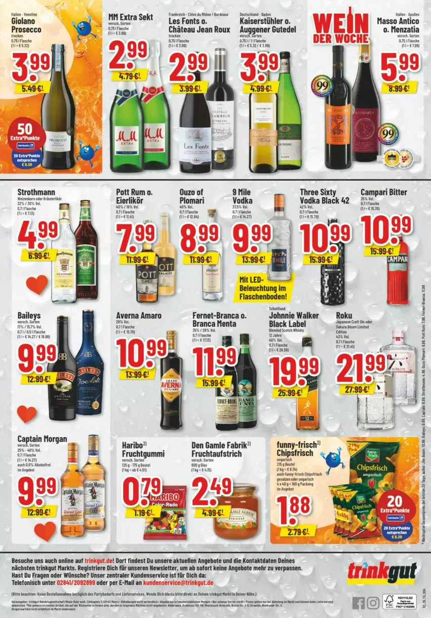 Aktueller Prospekt Trinkgut - Prospekte - von 09.02 bis 15.02.2025 - strona 6 - produkty: amaro, angebot, angebote, aufstrich, averna, Bad, baileys, beleuchtung, beutel, black label, buch, campari, Cap, captain morgan, chips, chipsfrisch, den gamle, ecco, eier, eierlikör, elle, erde, Fernet, flasche, frucht, fruchtaufstrich, fruchtgummi, funny-frisch, haribo, johnnie walker, Kaiser, lack, likör, ouzo, prosecco, rum, sekt, Stühl, telefon, Three Sixty, Ti, vodka