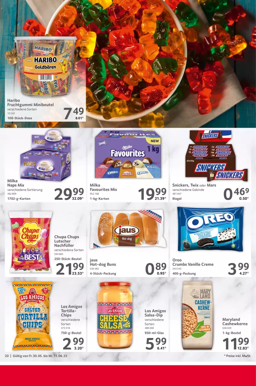 Aktueller Prospekt Selgros - Gastronomie - von 30.05 bis 11.06.2025 - strona 20 - produkty: beutel, Cashew, cashewkerne, chips, chupa, chupa chups, creme, dip, eis, frucht, fruchtgummi, goldbären, haribo, Lutscher, mais, mars, milka, oreo, reis, riegel, rum, Salsa, snack, snickers, Ti, tortilla, twix, vanille