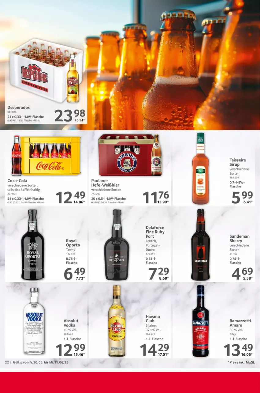 Aktueller Prospekt Selgros - Gastronomie - von 30.05 bis 11.06.2025 - strona 22 - produkty: Absolut Vodka, amaro, bier, coca-cola, cola, desperados, eis, flasche, gin, Havana Club, Hefe, Heu, mw-flasche, Paula, paulaner, rama, ramazzott, ramazzotti, reis, sirup, Ti, vodka, zott