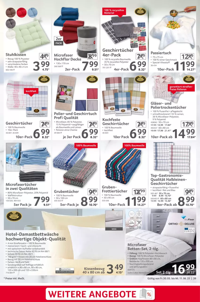 Aktueller Prospekt Selgros - Gastronomie - von 30.05 bis 11.06.2025 - strona 39 - produkty: angebot, angebote, Bau, baumwolle, bett, Betten, bettwäsche, decke, eis, elle, Frottiertücher, geschirr, geschirrtuch, geschirrtücher, Gläser, Kette, kissen, kopfkissen, leine, LG, mac, reifen, reis, Ria, sekt, senf, Spezi, stuhl, stuhlkissen, Ti, tisch, tuc, tücher, wolle