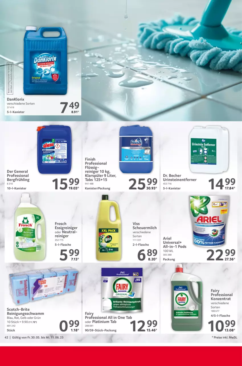Aktueller Prospekt Selgros - Gastronomie - von 30.05 bis 11.06.2025 - strona 42 - produkty: Becher, bio, danklorix, eis, essig, fairy, Finish, flasche, Frosch, Heu, klarspüler, kraft, milch, Pods, reiniger, Reinigung, reis, rwe, scheuermilch, schwamm, scotch, Ti