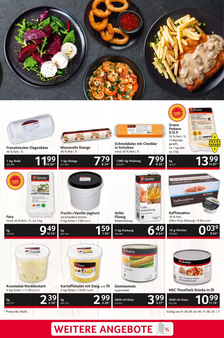 Aktueller Prospekt Selgros - Gastronomie - von 30.05 bis 11.06.2025 - strona 7 - produkty: blume, blumen, blumenöl, cheddar, eimer, eis, essig, feta, fisch, frucht, gemüsemais, grana, grana padano, joghur, joghurt, kaffee, kartoffel, kartoffelsalat, Käse, Kraut, krautsalat, mais, mozzarella, padano, Rana, reis, rel, sahne, salat, Schmelzkäse, sonnenblume, sonnenblumen, sonnenblumenöl, thunfisch, Ti, vanille, ziegenkäse