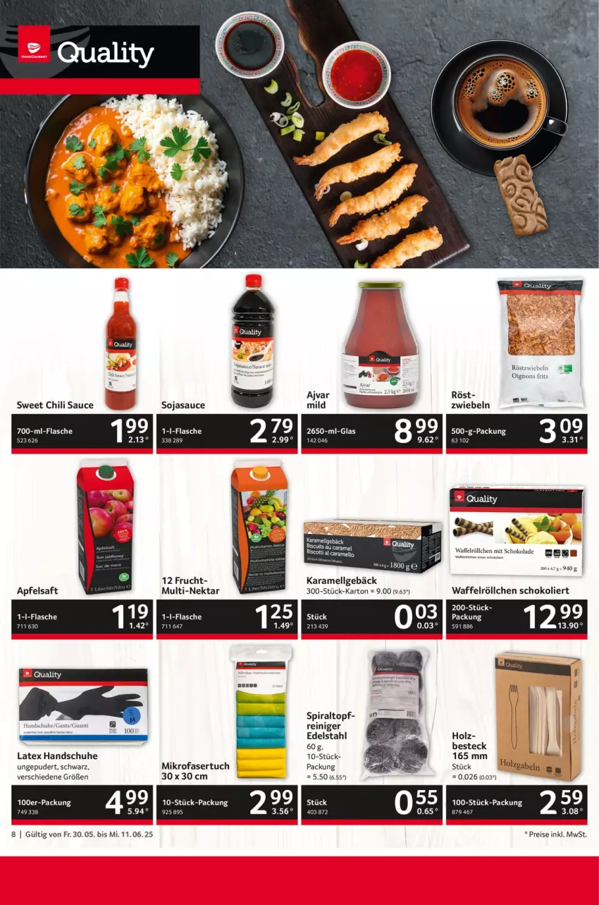 Aktueller Prospekt Selgros - Gastronomie - von 30.05 bis 11.06.2025 - strona 8 - produkty: apfel, apfelsaft, besteck, chili, edelstahl, eis, flasche, frucht, gabel, handschuhe, Holz, karamell, LG, mikrofaser, Nektar, reiniger, reis, röstzwiebeln, saft, sauce, schoko, schokolade, schuhe, soja, sojasauce, Ti, topf, tuc, Waffelröllchen, zwiebel, zwiebeln
